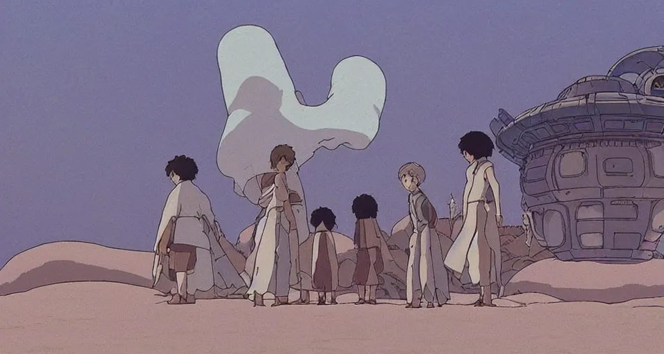 Prompt: A still from Studio Ghibli’s adaption of “Dune”