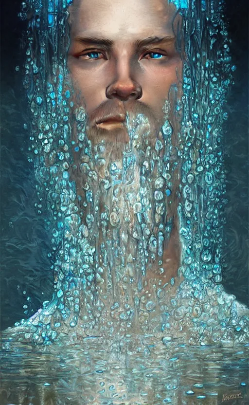 Prompt: portrait of a water man, a humanoid creature made of pure water with tiny water plants on him, concept art, deep focus, fantasy, intricate, highly detailed, digital painting, artstation, matte, sharp focus, illustration, art by artgerm and greg rutkowski and alphonse mucha