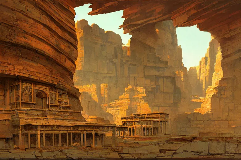 Prompt: an architectural painting of the ruins of an archaic city of ancient persia looming above a canyon by syd mead and and james gilleard in the style of hugh ferriss, ancient persian architrcture by hugh ferriss