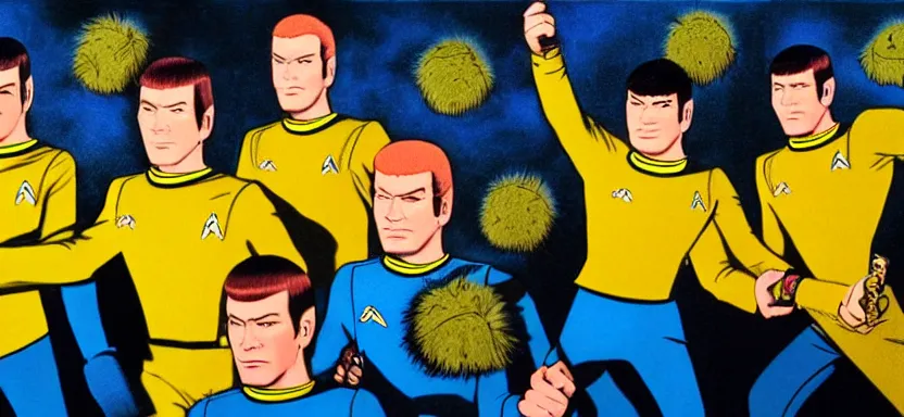 Image similar to captain kirk and spock with tribbles by juan ortiz 8k,