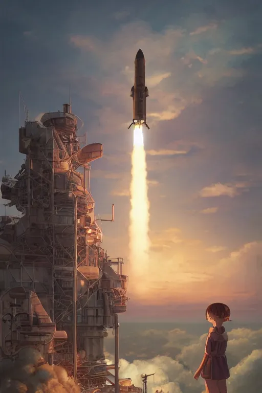 Image similar to a highly detailed matte painting of a girl watching soviet steampunk rocket launch by studio ghibli, makoto shinkai, by artgerm, by wlop, by greg rutkowski, volumetric lighting, octane render, 4 k resolution, trending on artstation, masterpiece