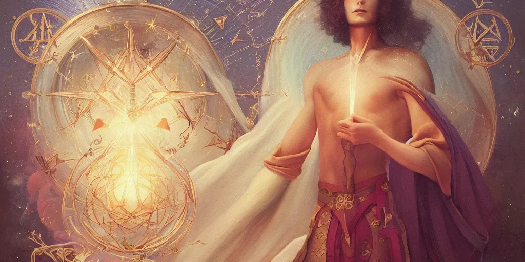 Image similar to a ultra - detailed beautiful painting major arcana the magician, sigils, runes, magical items, by hsiao ron cheng, ngai victo, nivanh chanthara jean delville wlop and dougherty patrick, trending on artstation, orb of agamento, light sparkles,, sky, sharp focus, soft light