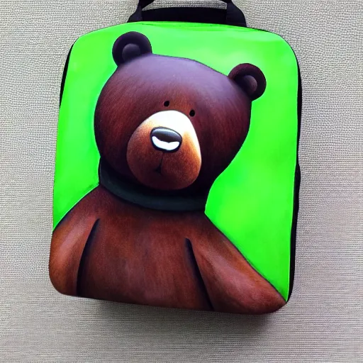 Prompt: big realistic bear with green square backpack, photo realistic, high detail, smooth