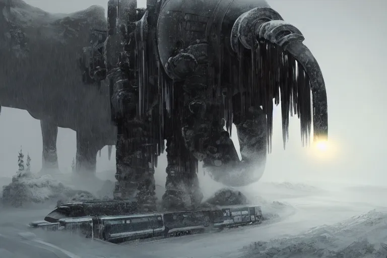 Image similar to a grand intricate futuristic black steam train next to a giant mammoth, post - apocalyptic ice landscape in snowstorm, concept art, artstation, highly detailed, digital art