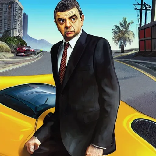 Prompt: “Rowan Atkinson in GTA V, cover art by Stephen Bliss, Boxart, loadscreen”