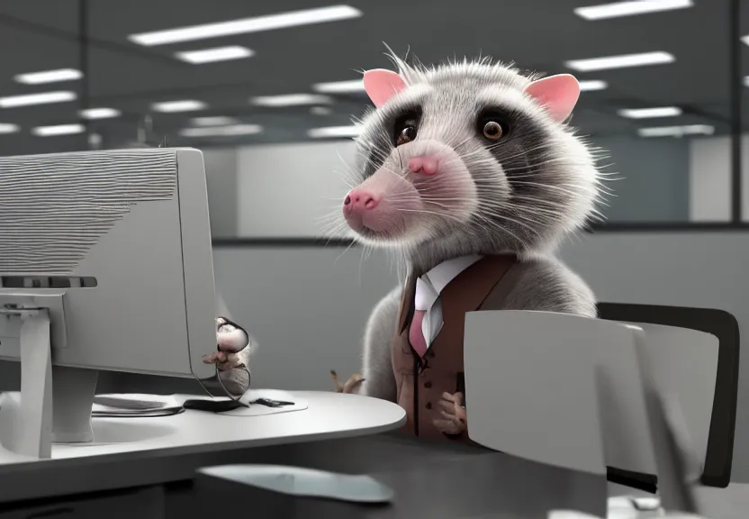 Image similar to possum dressed as an office worker, working on a desktop computer, in a modern office, highly detailed, 4k, trending on Artstation, award-winning