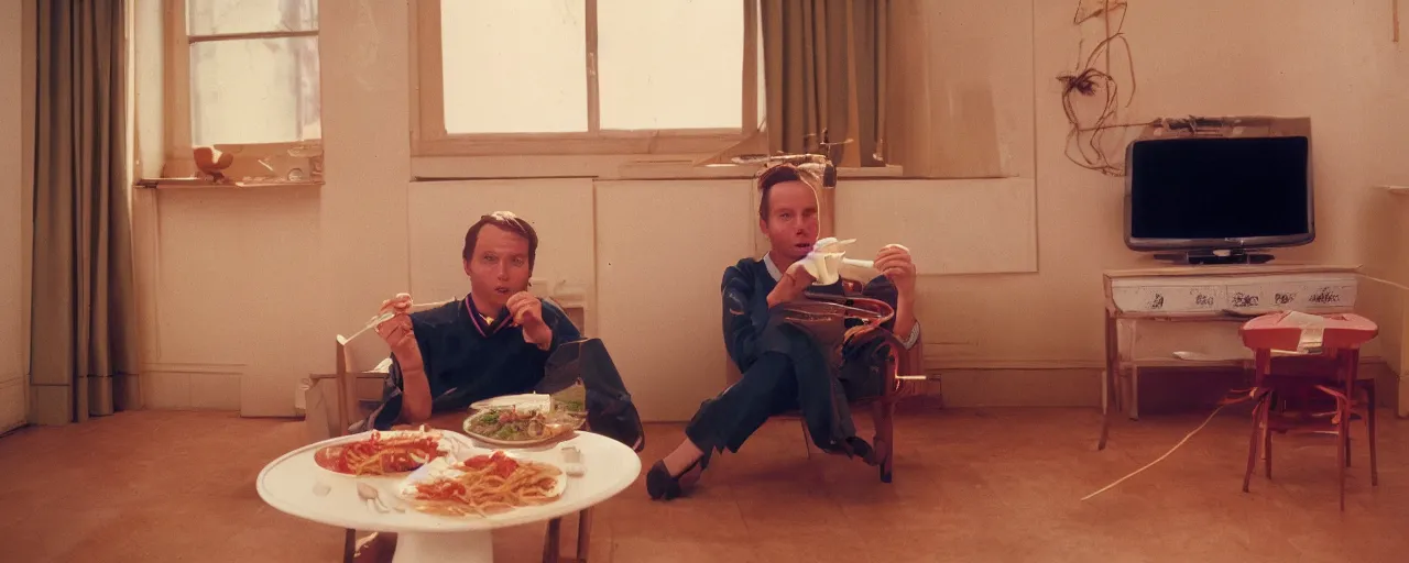 Image similar to watching tv while eating spaghetti,! alone!, 2 0 2 0, canon 5 0 mm, kodachrome, in the style of wes anderson