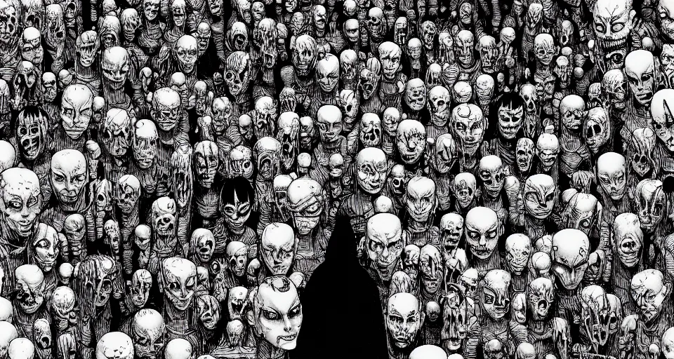 Image similar to a room with walls made from human faces, by junji ito and david lapham, hand drawn art, comic book, anime concept art, gritty, body horror, moody colors, trending on artstation, ultra high detail, focused