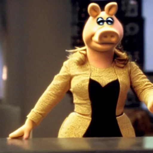 Prompt: movie still of miss piggy starring as trinity in the matrix movie