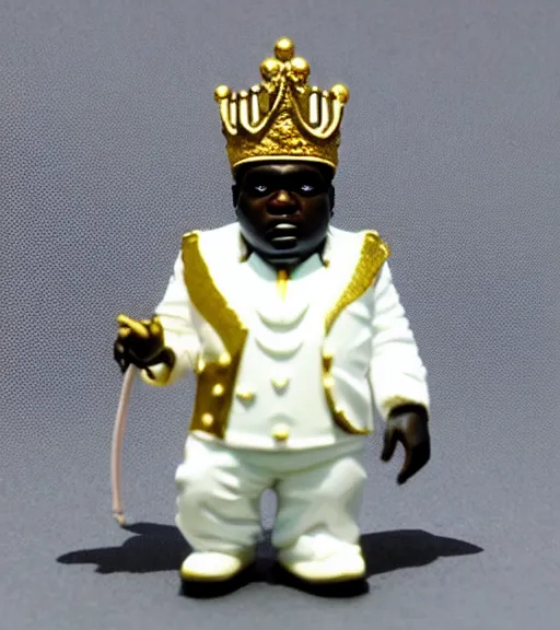 Prompt: notorious big with elegant white suit, with a gold crown, with a microphone, resin miniature, 2 8 mm heroic scale, games workshop, deity, citadel colour, glowing eyes, osl, nmm, r / paintedminis