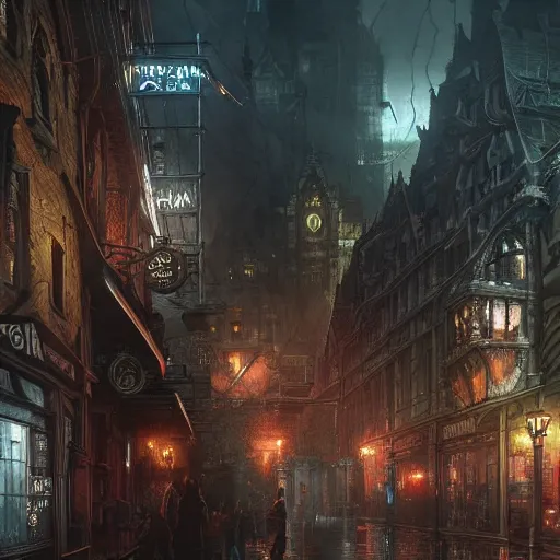 Image similar to a painting of arkham city, ultra realistic, concept art, intricate details, night, thunder, raining, eerie, highly detailed, full coloured, dark fantasy, photorealistic, octane render, 8 k, unreal engine 5. art by artgerm and greg rutkowski and alphonse mucha