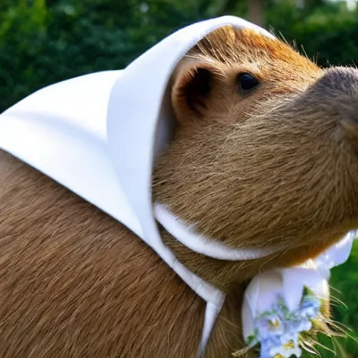 Prompt: a capybara wearing a tuxedo being wed to a rabbit wearing a wedding dress
