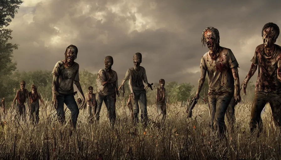 Prompt: the walking dead by lisa franks. rotting corpse, zombies, octane render, unreal 5, 8 k depth of field, highly - detailed, in the style of the walt disney and pixar