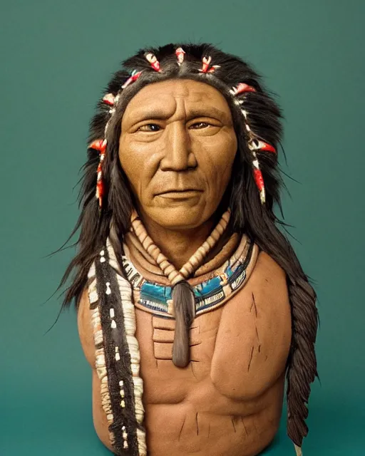 Image similar to bust of a native american man with full head dress, clay sculpture, photograph, photo realistic