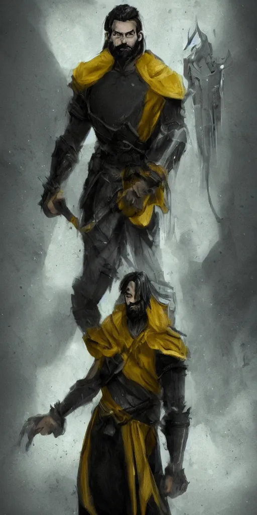 Prompt: Photo of the character with pale ash-colored skin, yellow eyes with vertical pupils, black thick hair with a touch of gray to the shoulders, with neat stubble, similar to a small beard and with a strong build. He wore a plain old shirt, with a light leather armor over it, and leather pants with a belt, and a floor-length hooded cloak over his back, beautiful light, cinematic, sharp focus, digital art, full body, elegant, highly detailed, 8k, photorealism