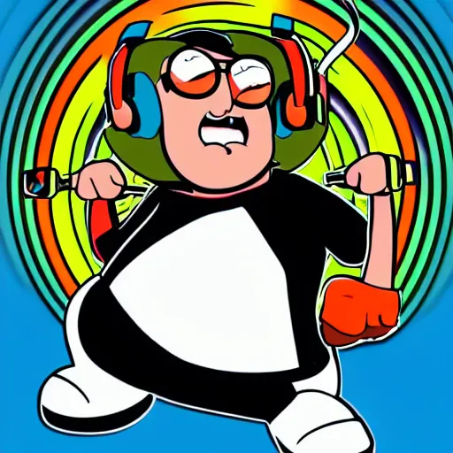 Image similar to svg sticker of a Family-Guy Peter-Griffin at a rave, spinning records, giant headphones rocking out, wearing headphones, huge speakers, dancing, rave, DJ, spinning records, digital art, amazing composition, rule-of-thirds, award-winning, trending on artstation, featured on deviantart