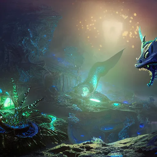 Prompt: realistic bioluminescent toothless on a steampunk biome, sparkles, magical, elves, fantasy, hyper realism, intricate, digital art, detailed, studio shot, unreal engine 5, octane, high definition, smooth, artstation, behance