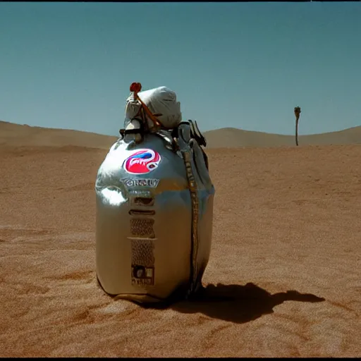 Image similar to a man wearing a hazmat suit, in the desert, giant pepsi cans imbedded in sand in background, film still, panavision panaflex