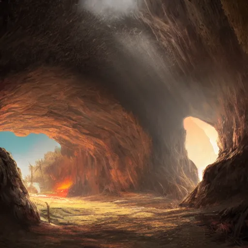 Prompt: a pre historic landscape seen through a cave entrance, volcano, dinosaurs, mammoth digital art, trending on artstation