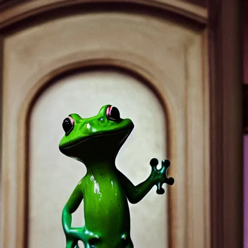 Image similar to a small frog standing on two feet at the hotel reception entry, renaissance painting