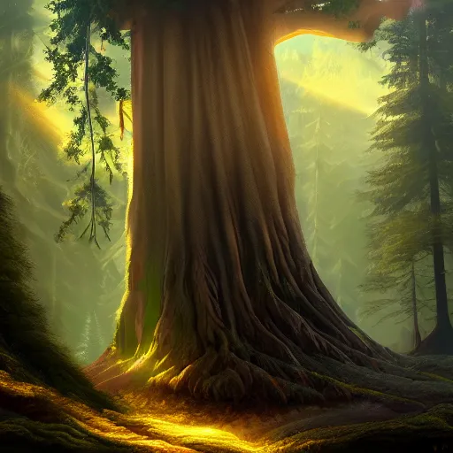 Image similar to a fairy huge sequoia, rays of light, atmospheric, matte-painting, trending on artstation