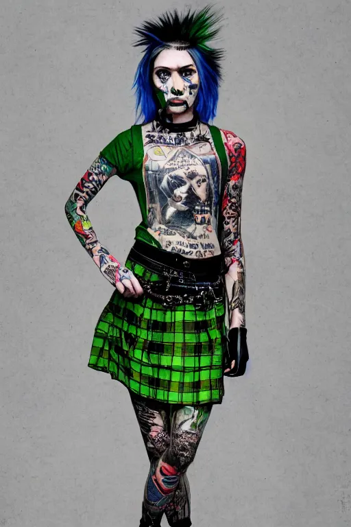 Image similar to upper body portrait hannah murray as a punk woman with green mohawk, covered in neotraditional style tattoos, wearing a bold tees shirt, fishnets and a long tartan skirt, intimidating, max details, hyperrealistic, photorealistic, ultra - realistic, ultra - detailed, cinematic, 8 k resolution by alan lee