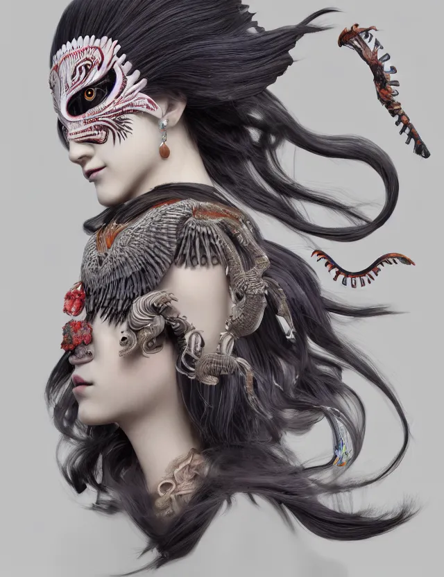 Image similar to 3 d slvic goddess half - turn portrait with long hair with ram skull. beautiful intricately detailed japanese crow kitsune mask and clasical japanese kimono. betta fish, jellyfish phoenix, bio luminescent, plasma, ice, water, wind, creature, artwork by tooth wu and wlop and beeple and greg rutkowski