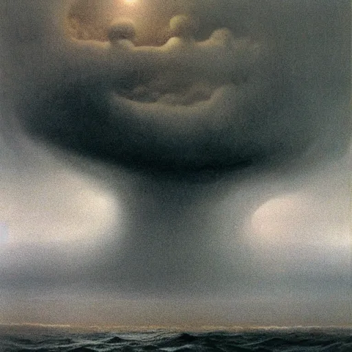 Prompt: thunderstorm hitting ocean made by zdzisław beksinski