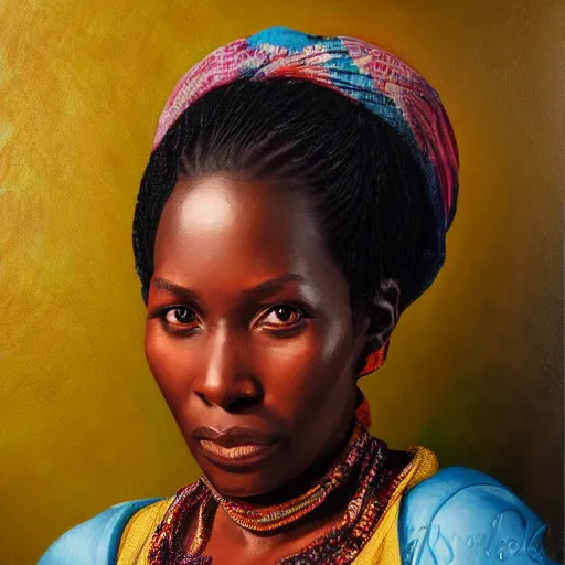 Image similar to portrait of a tanzanian woman ( 3 5 ) from tanzania in 2 0 2 1, an oil painting by ross tran and thomas kincade