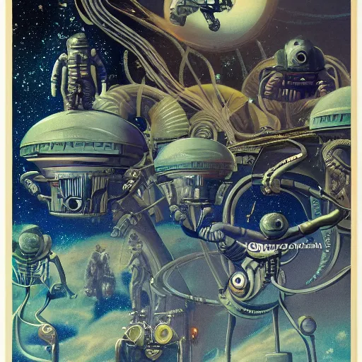 Image similar to astronaught soldiers exploring an alien world, 1 9 2 0's sci - fi, advanced technology deep aesthetic colors, 8 k, highly ornate intricate details, extreme detail,