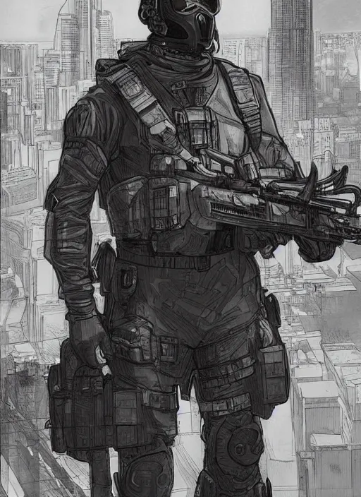 Prompt: Hector. USN blackops operator looking at city skyline. Agent wearing Futuristic stealth suit. rb6s, MGS, and splinter cell Concept art by James Gurney, Alphonso Mucha.