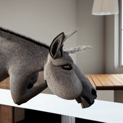 Image similar to a donkey on a table, 4 k, very realistic, photorealistic, very detailed, volumetric lighting