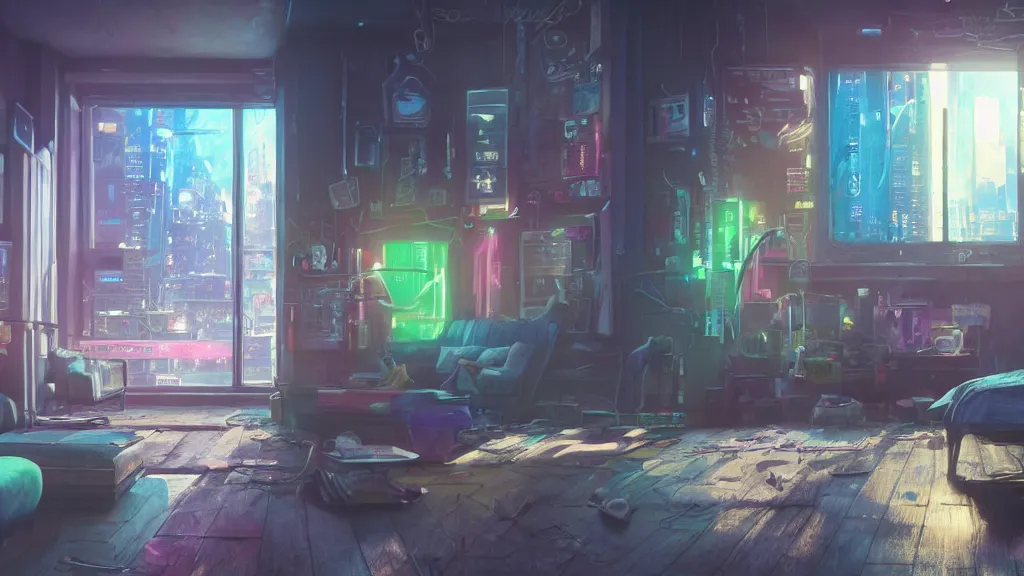 Image similar to Sponge Bob in the apartment room in a cyberpunk city, soft god rays from city lights outside the window, unreal engine 5, soft neon atmosphere, photorealistic, soothing colors, somber melancholic matte painting, hyperrealism, hyperrealistic, cinematic masterpiece, cyberpunk style 8k ultrahd octane render