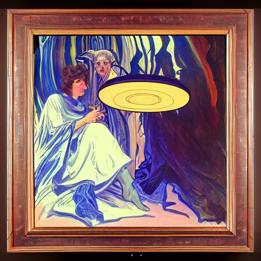 Prompt: painting of a scene from an ancient historical ufo encounter in the style of charles abel corwin, frank lloyd wright, alphonso mucha, highly detailed, oil painting