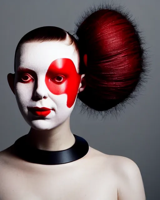 Image similar to symmetrical close - up portrait of a woman wearing a red silicone beauty mask and hair buns, wearing a black bodysuit by alexander mcqueen, cream white background, soft light, biotechnology, humanoide robot, bjork aesthetic, translucent, by rineke dijkstra, masterpiece,