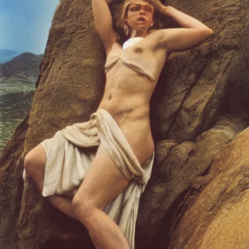 Prompt: fully body photograph of Helen of Troy reclining on a rock, by Annie Leibovitz