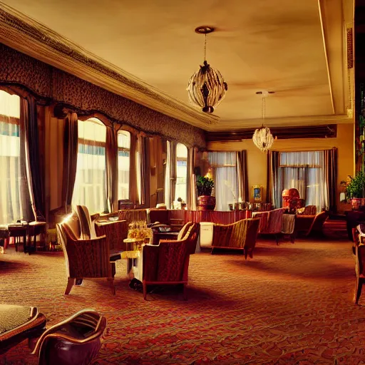 Image similar to luxury interior of a victorian hotel volumetric light morning cinematic photo,