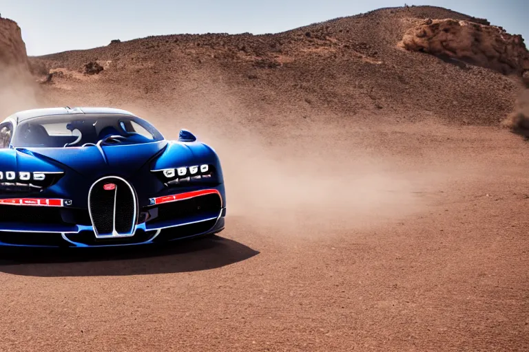 Prompt: bugatti chiron, dakar rally footage, speed, bladerunner