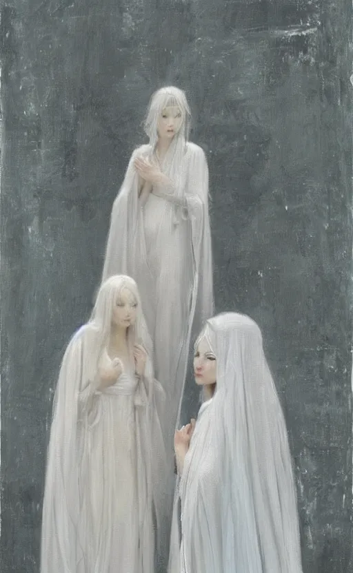 Image similar to single thin angel with silver hair so pale and wan!, thin!, flowing robes, covered in robes, lone pale wan feminine goddess, wearing silver robes, flowing hair, pale skin, young cute face, covered!!, clothed!! oil on canvas, style of lucien levy - dhurmer and jean deville, 4 k resolution, aesthetic!, mystery