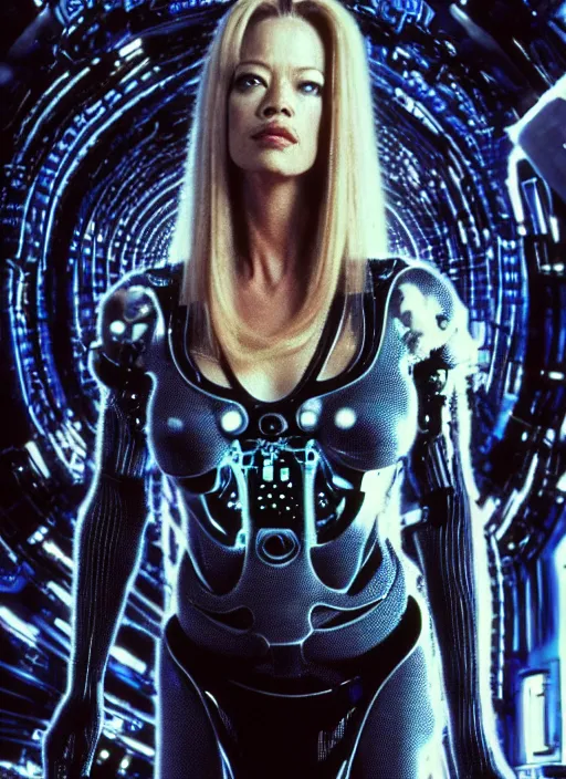 Image similar to 35mm portrait of Jeri Ryan as an intricate and sophisticated borg with eye implant, on the background of a weird magical mechanical forest. Round gears visible inside her hear. Very detailed 8k. Fantasy cyberpunk horror. Sharp. Cinematic post-processing