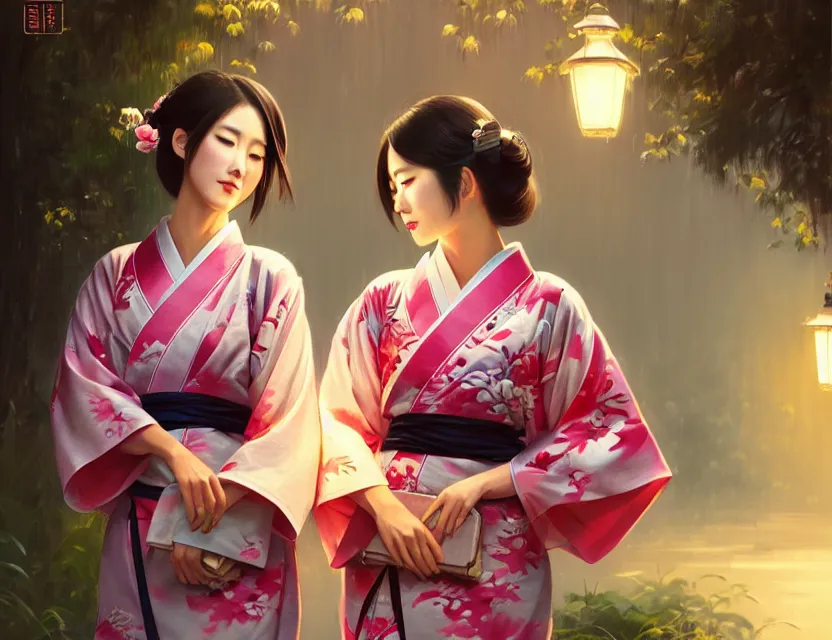 Image similar to two beautiful fashion taiwan girl wear elegant yukata in festival | | big eyes, summer night, realistic shaded, smile, good looking, fine details, 4 k realistic, cryengine, realistic shaded lighting poster by greg rutkowski, magali villeneuve, artgerm, jeremy lipkin and michael garmash and rob rey