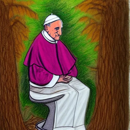 Image similar to The pope sitting on a toilet in the forest, crayon drawing