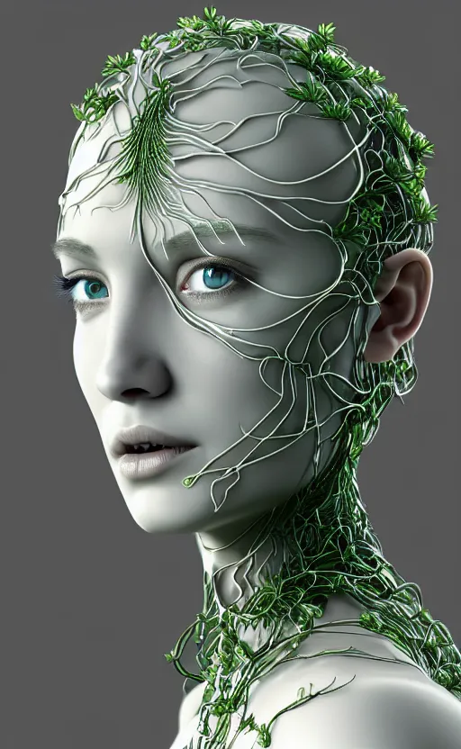Prompt: complex 3d render ultra detailed of a beautiful porcelain profile woman face, green hazel eyes, vegetal dragon cyborg, 150 mm, beautiful natural soft light, rim light, silver niobium details, magnolia big leaves and stems, roots, fine lace, maze like, mandelbot fractal, anatomical, facial muscles, cable wires, microchip, elegant, white metallic armor, octane render, black and white, H.R. Giger style