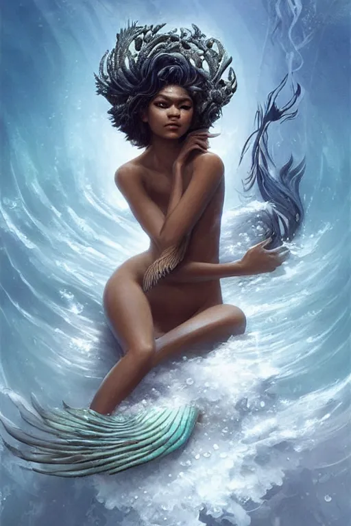 Prompt: zendaya as a dark - skinned la sirene haitian mermaid goddess, underwater, white lilies, shells, ethereal, bloom, highly detailed, sublime, highly detailed, trending on artstation, sharp focus, art by ruan jia and wlop and artgerm and greg rutkowski and magali villeneuve
