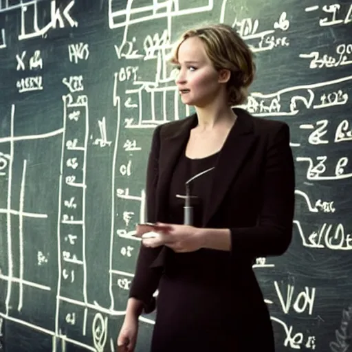 Image similar to the first still from the professor, directed by christopher nolan, shows jennifer lawrence at a chalkboard explaining data pipelines 4 k