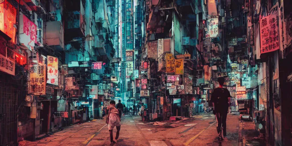 Image similar to a cyberpunk hong kong alley with robots and humans walking around by seerlight