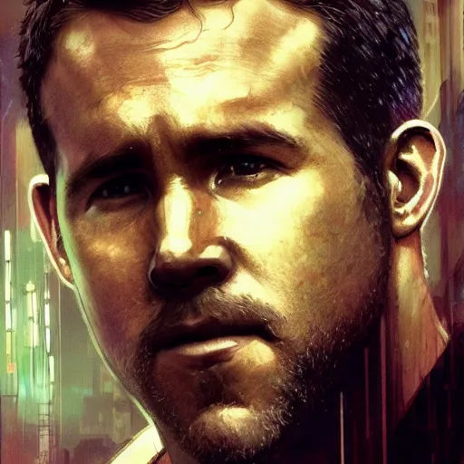 Image similar to ryan reynolds, hyperrealistic portrait, bladerunner street, art of elysium by jeremy mann and alphonse mucha, fantasy art, photo realistic, dynamic lighting, artstation, poster, volumetric lighting, very detailed face, 4 k, award winning