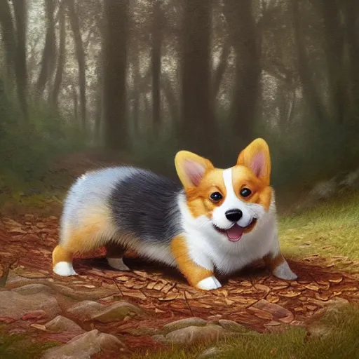 Prompt: adorable corgi puppy, lifelike, hyperrealistic, beautiful forest background, soft focus, extremely detailed digital illustration by greg rutkowski and artgerm and moebius and simon stalenhag and ruan jia, trending on artstation, award - winning, masterpiece, 8 k