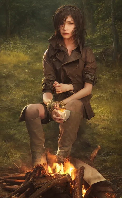 Image similar to A girl from Final Fantasy live action, with short black hair and green eyes in a tan trenchcoat sitting on a log and drinking tea by the campfire by her motorcycle at night under the stars, evocative, mystical night, very very very very detailed, award winning, masterpiece digital painting by Greg Rutkowski, Alex Grey, artstation, 4k wallpaper