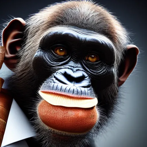 Image similar to a high detail shot of a chimp wearing a suit, smoking a cigar, render, cgsociety, photorealism